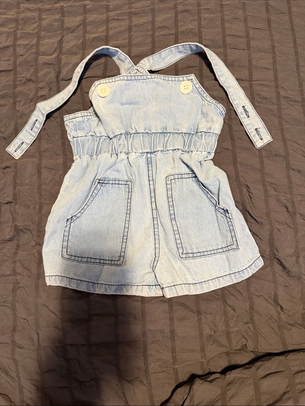 Girls Light Blue Denim Romper with Front Pockets